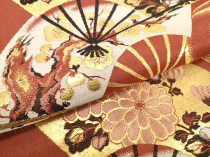 平和屋着物▼アンティーク　大正ロマン　名古屋帯　帯反物　扇面花文　金糸　逸品　未使用　DABH2155zzz