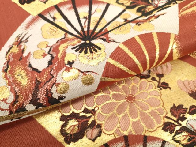 平和屋着物▼アンティーク　大正ロマン　名古屋帯　帯反物　扇面花文　金糸　逸品　未使用　DABH2155zzz