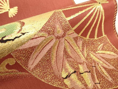 平和屋着物▼アンティーク　大正ロマン　名古屋帯　帯反物　扇面花文　金糸　逸品　未使用　DABH2155zzz