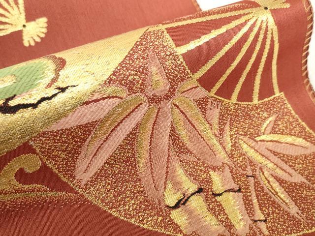 平和屋着物▼アンティーク　大正ロマン　名古屋帯　帯反物　扇面花文　金糸　逸品　未使用　DABH2155zzz
