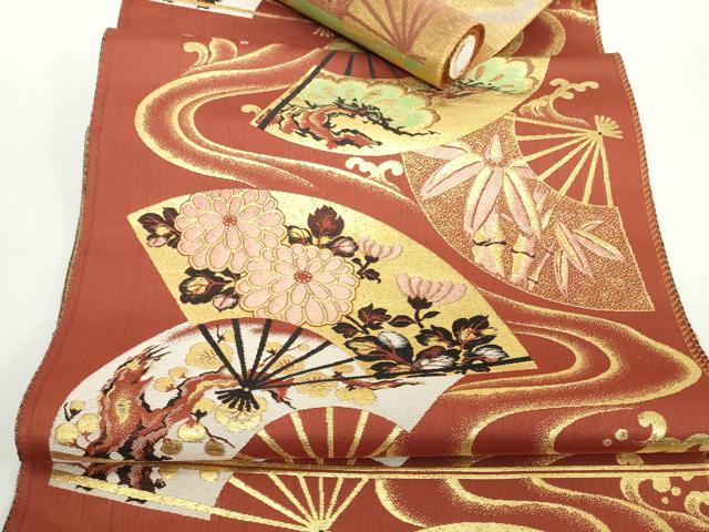 平和屋着物▼アンティーク　大正ロマン　名古屋帯　帯反物　扇面花文　金糸　逸品　未使用　DABH2155zzz