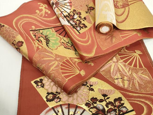 平和屋着物▼アンティーク　大正ロマン　名古屋帯　帯反物　扇面花文　金糸　逸品　未使用　DABH2155zzz