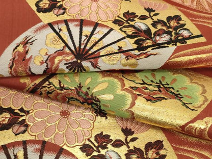 平和屋着物▼アンティーク　大正ロマン　名古屋帯　帯反物　扇面花文　金糸　逸品　未使用　DABH2155zzz