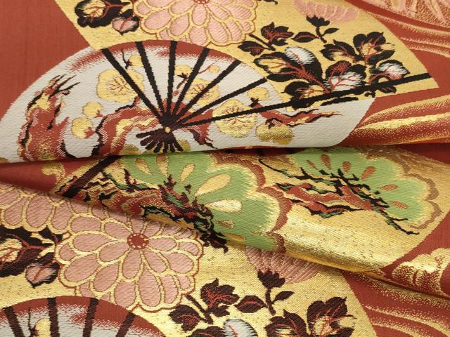 平和屋着物▼アンティーク　大正ロマン　名古屋帯　帯反物　扇面花文　金糸　逸品　未使用　DABH2155zzz