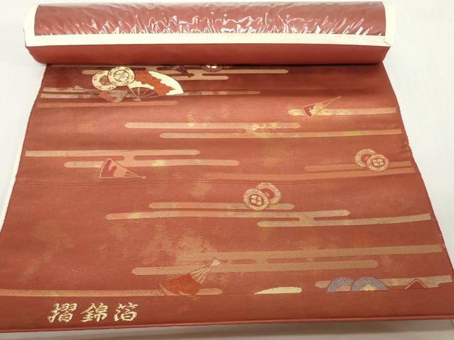 平和屋着物▼西陣　名古屋帯　帯反物　エ霞扇面鼓文　金糸　摺錦箔　証紙付き　逸品　未使用　DABH2160zzz