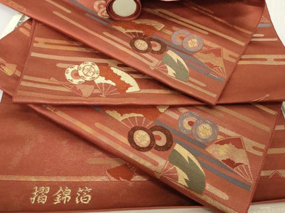 平和屋着物▼西陣　名古屋帯　帯反物　エ霞扇面鼓文　金糸　摺錦箔　証紙付き　逸品　未使用　DABH2160zzz