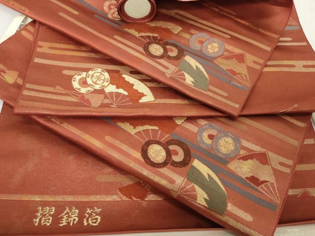 平和屋着物▼西陣　名古屋帯　帯反物　エ霞扇面鼓文　金糸　摺錦箔　証紙付き　逸品　未使用　DABH2160zzz