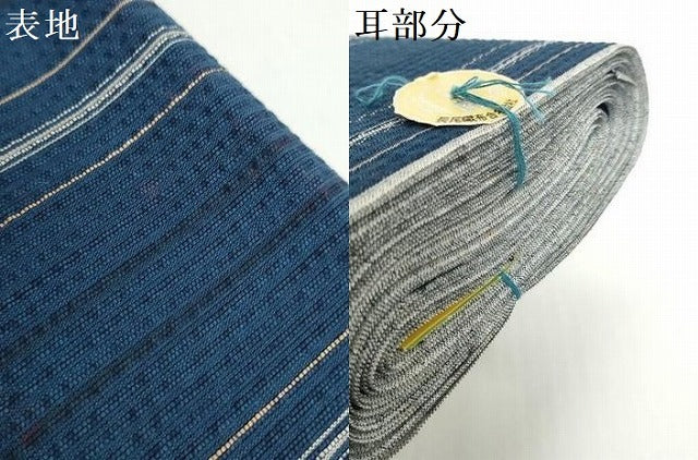 平和屋着物＊夏物　阿波しじら織　浴衣　反物　着尺　正藍　間道　証紙付き　綿　逸品　未使用　DABH2215zzz