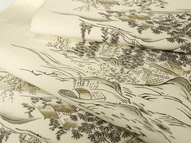 平和屋着物▼小紋　反物　着尺　紬地　手描き　遠山風景文　逸品　未使用　DABH2272zzz