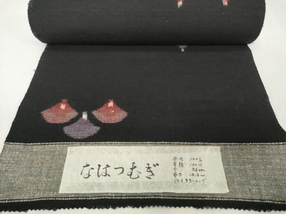平和屋着物▼なはつむぎ　反物　着尺　青海波　黒地　証紙付き　未使用　DABH2296zzz