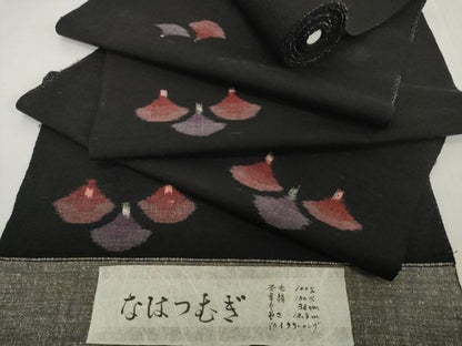 平和屋着物▼なはつむぎ　反物　着尺　青海波　黒地　証紙付き　未使用　DABH2296zzz