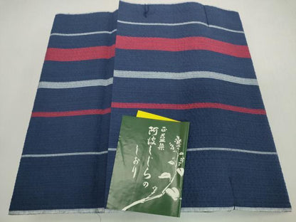 平和屋着物＊夏物　阿波しじら織　浴衣　反物　着尺　正藍　間道　証紙付き　綿　逸品　未使用　DABH2357zzz