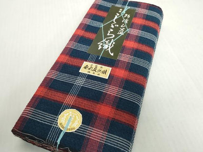 平和屋着物＊夏物　阿波しじら織　浴衣　反物　着尺　正藍　格子　証紙付き　綿　逸品　未使用　DABH2359zzz