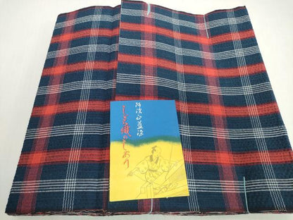 平和屋着物＊夏物　阿波しじら織　浴衣　反物　着尺　正藍　格子　証紙付き　綿　逸品　未使用　DABH2359zzz