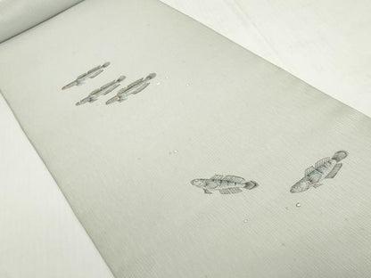 平和屋着物＊夏物　付下げ　反物　着尺　縦絽　手描き　鯊 ハゼ　千草鼠色　上代41万　逸品　未使用　DABH2362zzz