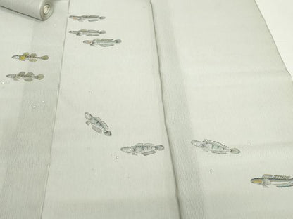 平和屋着物＊夏物　付下げ　反物　着尺　縦絽　手描き　鯊 ハゼ　千草鼠色　上代41万　逸品　未使用　DABH2362zzz