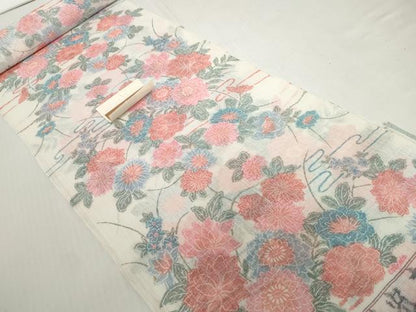 平和屋着物＊夏物　小千谷ちぢみ　反物　着尺　霞花尽くし　証紙付き　麻　逸品　未使用　DABH2364zzz