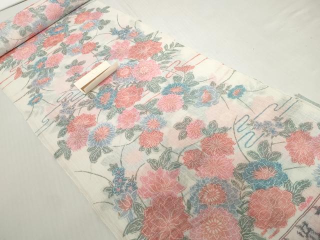 平和屋着物＊夏物　小千谷ちぢみ　反物　着尺　霞花尽くし　証紙付き　麻　逸品　未使用　DABH2364zzz