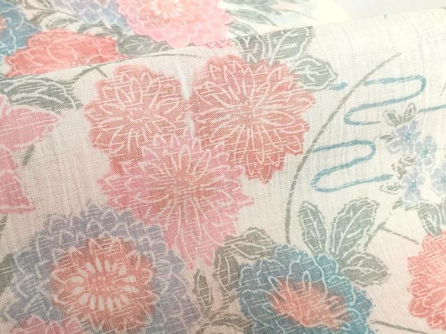 平和屋着物＊夏物　小千谷ちぢみ　反物　着尺　霞花尽くし　証紙付き　麻　逸品　未使用　DABH2364zzz