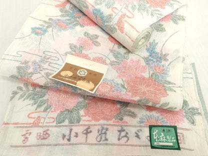 平和屋着物＊夏物　小千谷ちぢみ　反物　着尺　霞花尽くし　証紙付き　麻　逸品　未使用　DABH2364zzz