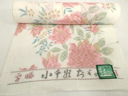 平和屋着物＊夏物　小千谷ちぢみ　反物　着尺　草花文　証紙付き　麻　逸品　未使用　DABH2365zzz