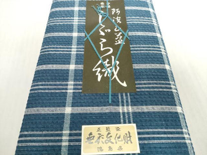 平和屋着物＊夏物　阿波しじら織　浴衣　反物　着尺　正藍染　格子　証紙付き　綿　逸品　未使用　DABH2368zzz