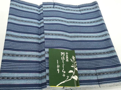 平和屋着物＊夏物　阿波しじら織　浴衣　反物　着尺　正藍染　間道　証紙付き　綿　逸品　未使用　DABH2370zzz