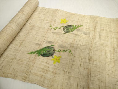 平和屋着物＊夏物　名古屋帯　帯反物　手描き　西瓜と夏虫　スイカ　麻　逸品　未使用　DABH2419zzz