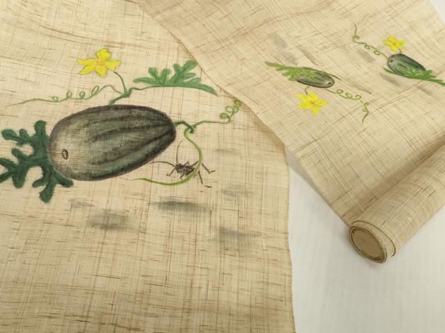 平和屋着物＊夏物　名古屋帯　帯反物　手描き　西瓜と夏虫　スイカ　麻　逸品　未使用　DABH2419zzz