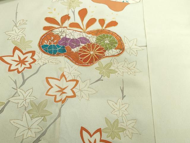平和屋着物▼付下げ　反物　着尺　八掛付き　駒刺繍　楓花文　金彩　逸品　未使用　DABH2553zzz