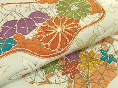 平和屋着物▼付下げ　反物　着尺　八掛付き　駒刺繍　楓花文　金彩　逸品　未使用　DABH2553zzz