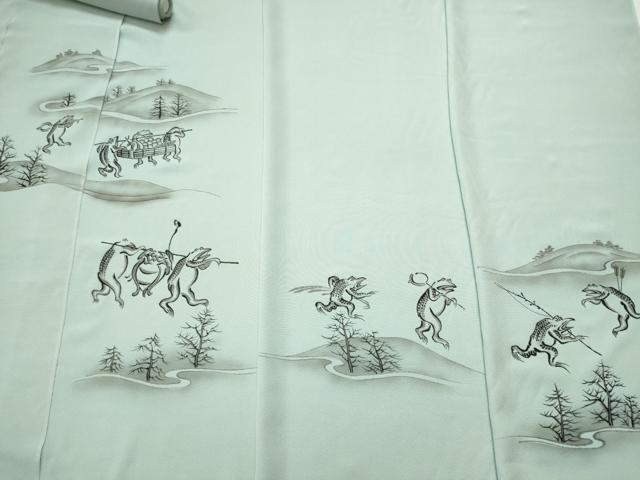 平和屋着物●付下げ　解き反物　着尺　手描き　鳥獣戯画　上代53万　逸品　DABH2585zzz