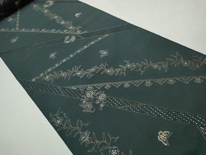 平和屋着物●中国三大刺繍　スワトウ刺繍　汕頭刺繍　総刺繍　小紋　反物　着尺　刺し子　斜線花蝶文　逸品　未使用　DABH2588zzz