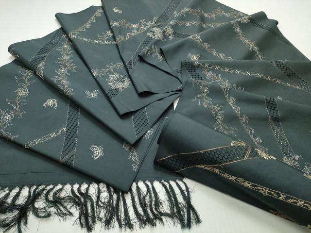 平和屋着物●中国三大刺繍　スワトウ刺繍　汕頭刺繍　総刺繍　小紋　反物　着尺　刺し子　斜線花蝶文　逸品　未使用　DABH2588zzz