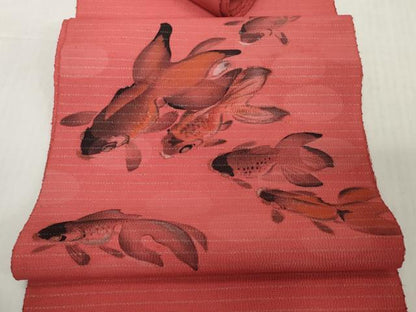 平和屋着物●アンティーク　大正ロマン　名古屋帯　帯反物　手描き　刺繍　金魚　DABH2611zzz