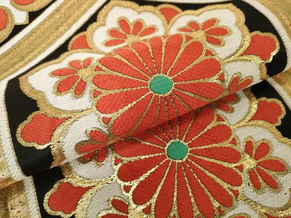 平和屋着物[]アンティーク　大正ロマン　女の子　子供　丸帯　帯反物　亀甲花文　黒地　金糸　逸品　DABH2647zzz
