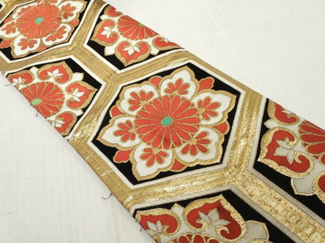 平和屋着物[]アンティーク　大正ロマン　女の子　子供　丸帯　帯反物　亀甲花文　黒地　金糸　逸品　DABH2647zzz