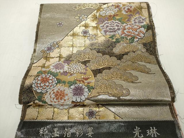 平和屋着物▼六通柄袋帯　帯反物　粋墨箔彩宴　光琳　花丸松文　金糸　逸品　未使用　DABH2649zzz