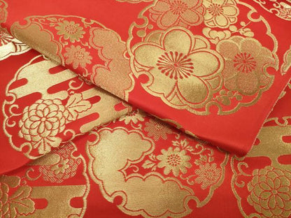 平和屋本店[]女の子　子供　丸帯　帯反物　雪輪花文　金糸　逸品　未使用　DABH2650zzz