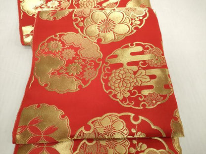 平和屋本店[]女の子　子供　丸帯　帯反物　雪輪花文　金糸　逸品　未使用　DABH2650zzz