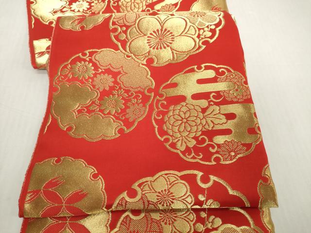 平和屋本店[]女の子　子供　丸帯　帯反物　雪輪花文　金糸　逸品　未使用　DABH2650zzz