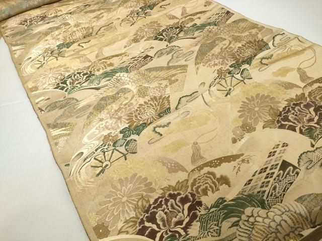 平和屋本店▼アンティーク　大正ロマン　丸帯　帯反物　地紙飛鶴花文　金糸　逸品　未使用　DABH2651zzz