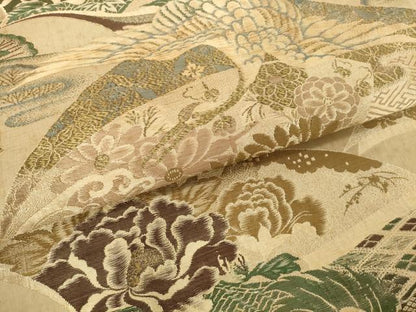 平和屋本店▼アンティーク　大正ロマン　丸帯　帯反物　地紙飛鶴花文　金糸　逸品　未使用　DABH2651zzz