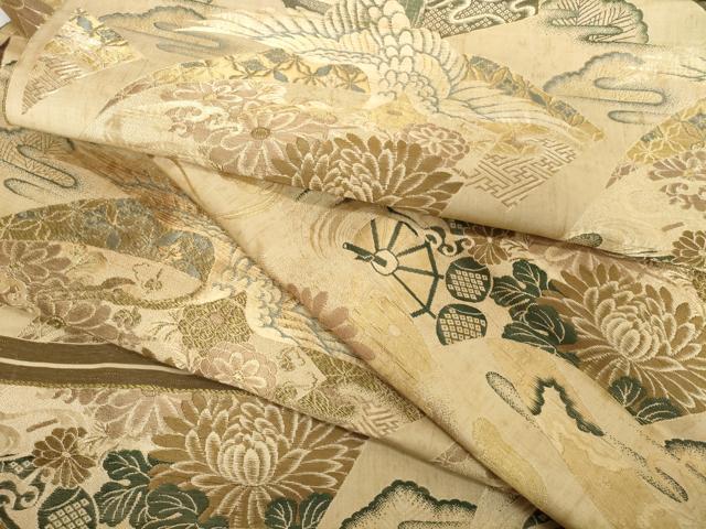 平和屋本店▼アンティーク　大正ロマン　丸帯　帯反物　地紙飛鶴花文　金糸　逸品　未使用　DABH2651zzz