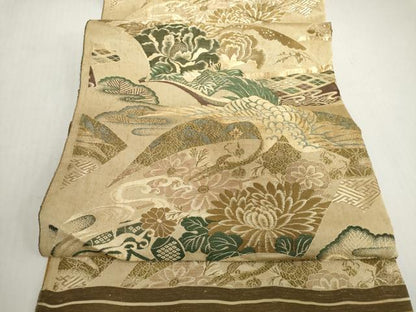 平和屋本店▼アンティーク　大正ロマン　丸帯　帯反物　地紙飛鶴花文　金糸　逸品　未使用　DABH2651zzz