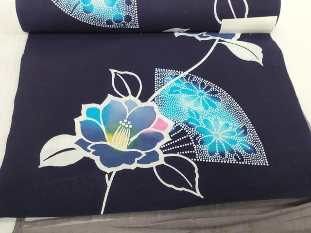 平和屋着物＊夏物　浴衣　反物　着尺　注染　扇面花文　綿　逸品　未使用　DABH2675zzz