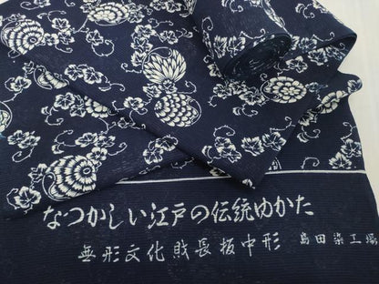 平和屋着物＊夏物　浴衣　反物　着尺　綿絽　無形文化財 長板中形　瓢箪に花　紺地　島田染工場謹製　三越　綿　逸品　未使用　DABH2715zzz