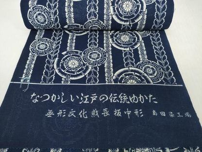 平和屋着物＊夏物　浴衣　反物　着尺　綿絽　無形文化財 長板中形　源氏車間道　紺地　島田染工場　三越　綿　逸品　未使用　DABH2716zzz