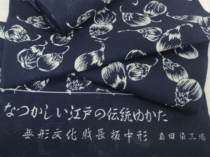 平和屋着物＊夏物　浴衣　反物　着尺　綿絽　無形文化財 長板中形　茄子　紺地　島田染工場謹製　三越扱い　綿　逸品　未使用　DABH2717zzz