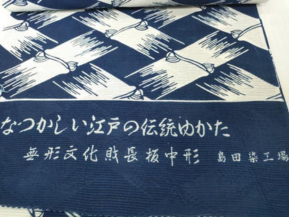 平和屋着物＊夏物　浴衣　反物　着尺　綿絽　無形文化財 長板中形　籠目文様　紺地　島田染工場謹製　三越　綿　逸品　未使用　DABH2720zzz